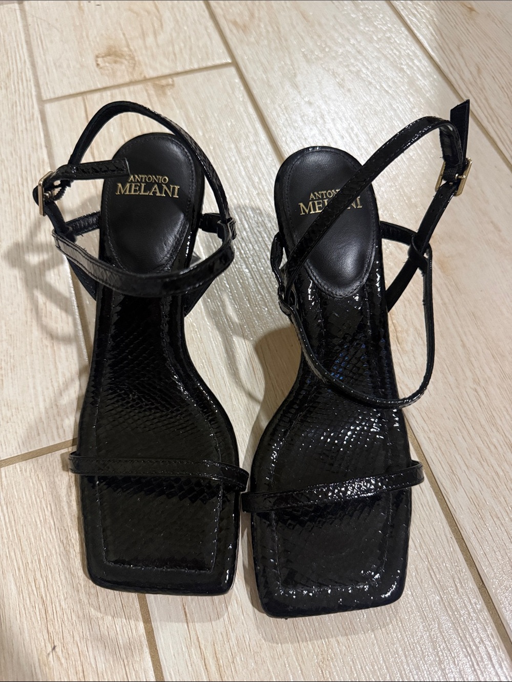 ANTONIO MELANI Black Patent Strappy Square-Toe Heels